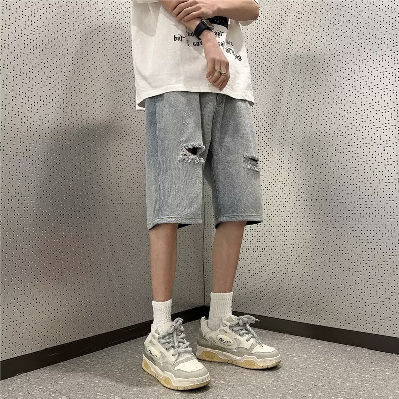夏季破洞牛仔短裤男宽松直筒五分裤ins港风百搭休闲中裤DS912-P35,男装牛仔裤,星座1008