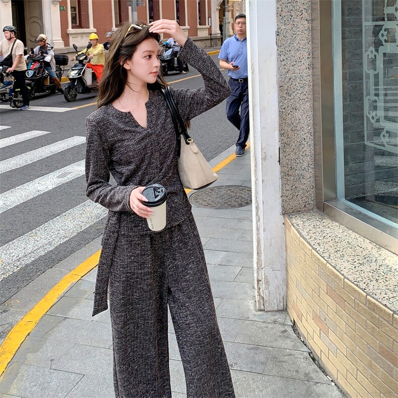 设计感系带显瘦针织上衣阔腿裤套装女2025秋韩系复古松弛感两件套,女装套装/套裙,2C353