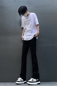 春夏主推 大码黑色毛边破洞微喇黄泥牛仔裤直筒裤 K10-P50图片