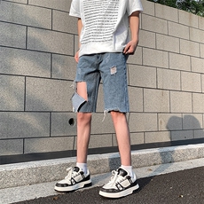 现货夏季破洞毛边五分牛仔裤浅蓝色乞丐中裤K065-K067-P35控58，男装牛仔裤，星座205