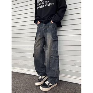 复古工装牛仔裤男春秋新款水洗做旧阔腿裤宽松休闲长裤子N817