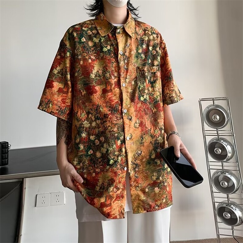 夏威夷碎花短袖衬衫男古巴领冰丝衬衣小众设计感外套C488,男装衬衫,星座1116A-1（原606A）