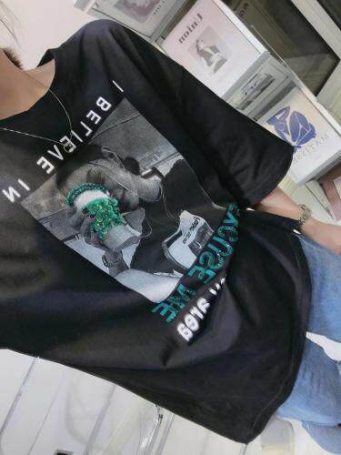 图案重工订钻T，女装，浅卡