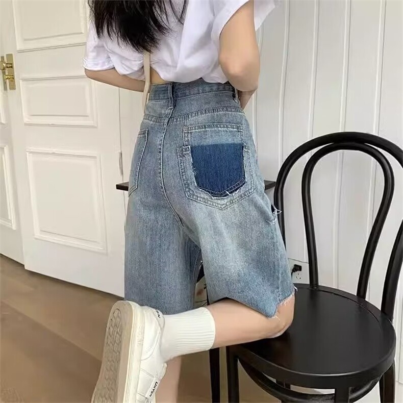 破洞牛仔短裤男女ins潮五分裤直筒港味高腰显瘦阔腿中裤CK103,男装牛仔裤,星座601-2