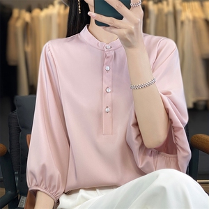 夏季新款重磅醋酸真丝七分袖衬衫女士立领纯色泡泡袖宽松休闲显瘦图片