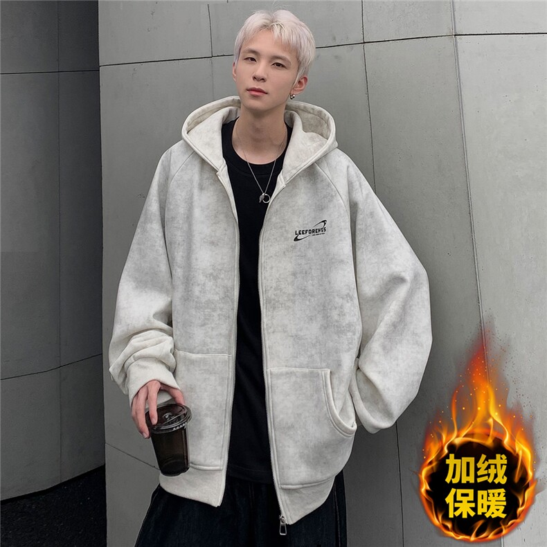 现货扎染脏脏连帽开衫加绒卫衣男士2026秋冬新款宽松外套JK092,男装卫衣,电商C307