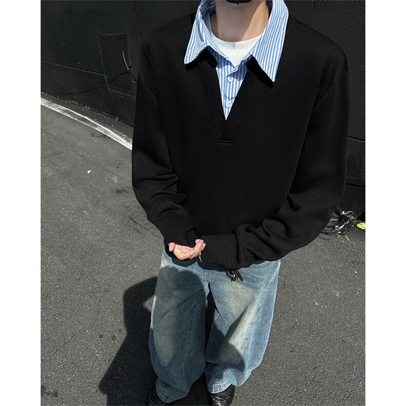 T329-特P33控68300克秋季假两件衬衫领长袖潮牌宽松拼接T恤男,男装T恤,电商A058-1（原电商C417）