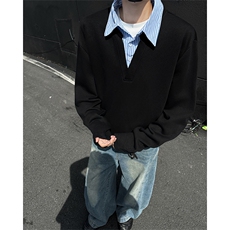 T329-特P33控68300克秋季假两件衬衫领长袖潮牌宽松拼接T恤男，男装T恤，电商A058-1（原电商C417）