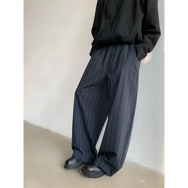 黑蓝条纹裤子男款秋冬日系复古oversize慵懒松弛感阔腿宽松弯刀裤,男装休闲裤,电商B288