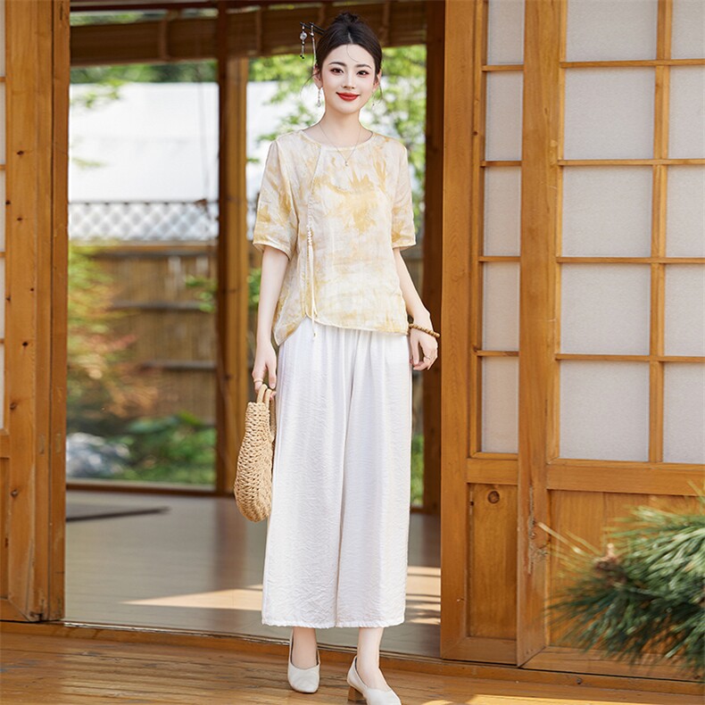 亚麻休闲裤套装女复古两件套高端苎麻印花上衣新款夏装棉麻短袖,女装套装/套裙,衣之秀