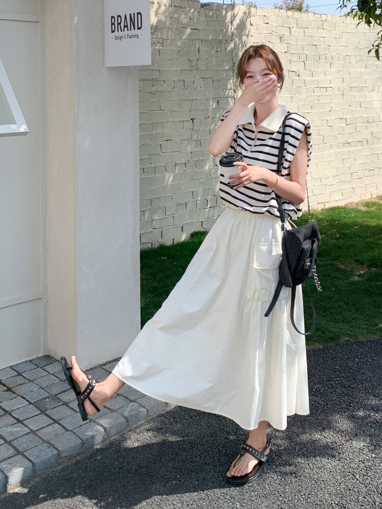 韩系穿搭休闲时尚套装裙女2025夏季新款条纹无袖T恤半身裙两件套,女装套装/套裙,慧尚依恋