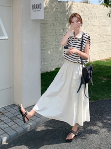 韩系穿搭休闲时尚套装裙女2025夏季新款条纹无袖T恤半身裙两件套图片