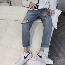 2021夏季牛仔裤破洞港风九分裤韩版个性男女裤-N，男装牛仔裤，星座1008