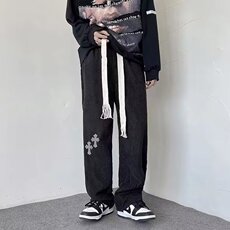 玉米粒加绒休闲裤男港风潮刺绣2023冬季新款ins宽松长裤K2847-P45，男装休闲裤，星座412-3