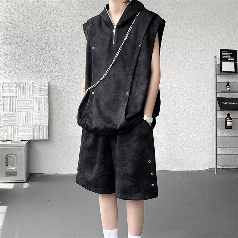 TZ782-特批55控88设计感高质感套装无袖大码T恤短袖短裤，男装休闲套装，电商A059