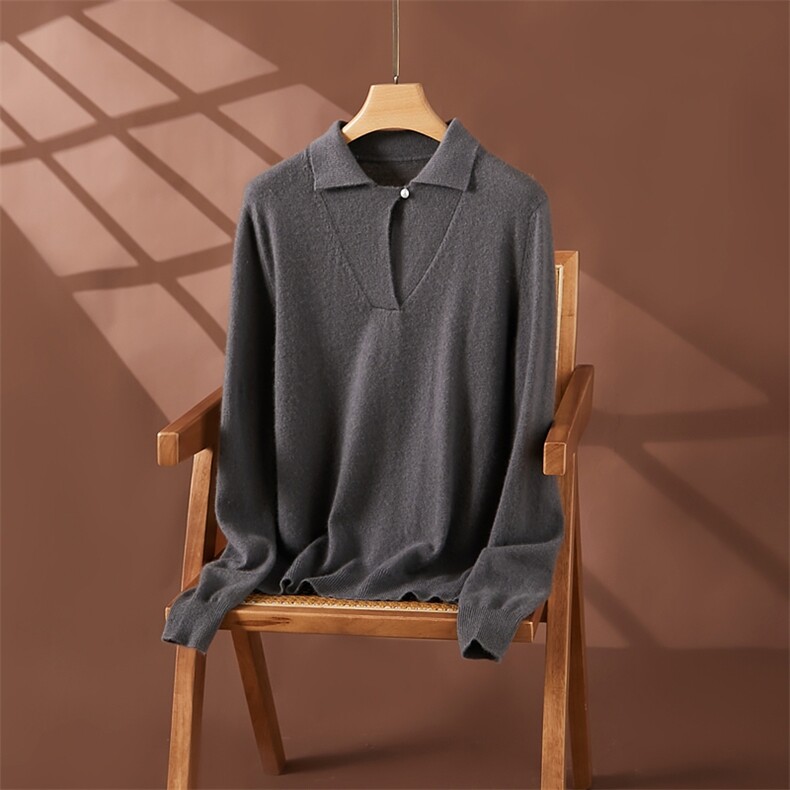 翻领polo衫纯色内搭长袖t恤2024年秋季新款35%羊绒衫，女装羊绒衫，朵沐纯羊绒