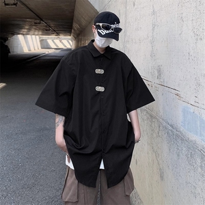 夏季小众金属扣设计感短袖衬衫男宽松休闲垫肩衬衣A3371-P37图片