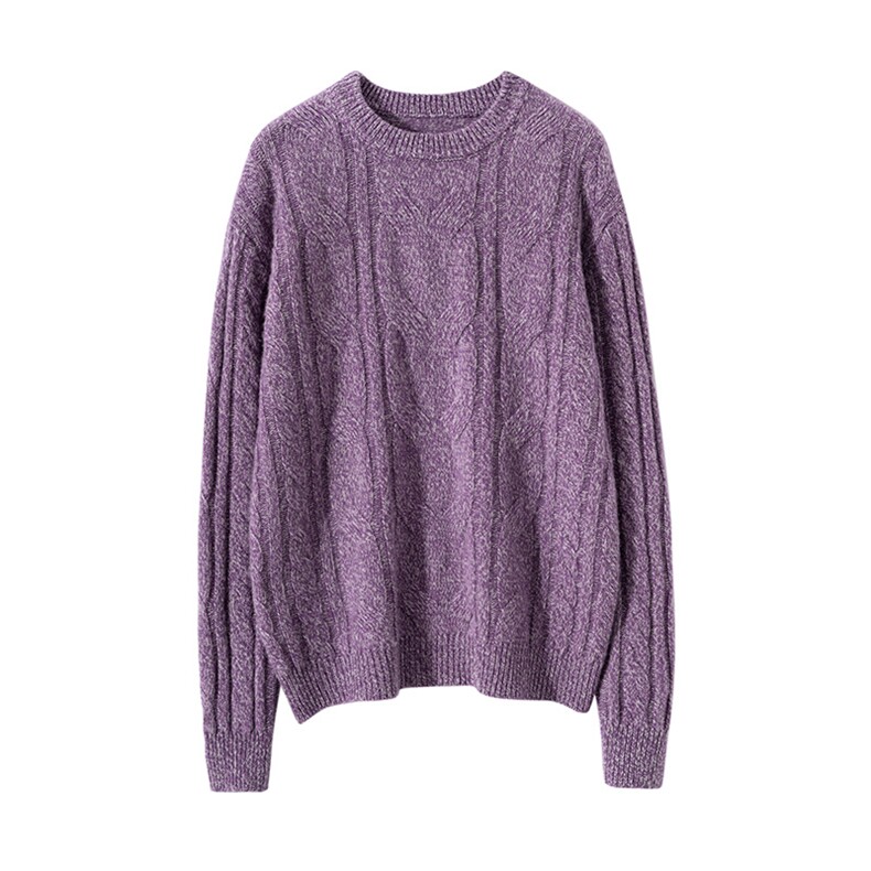 时尚女装紫色麻花毛衣羊毛圆领宽松针织衫，女装羊毛衫，宏杨羊绒