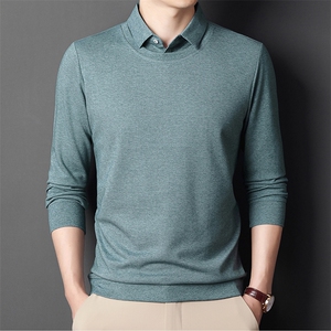 春季2022男士春季假两件百搭衬衫纯色商务休闲中年爸爸装打底图片