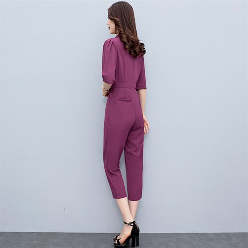 2024年夏季西装领V双排扣泡泡袖修身连体裤女连衣裤，女装连体裤，微微衣阁