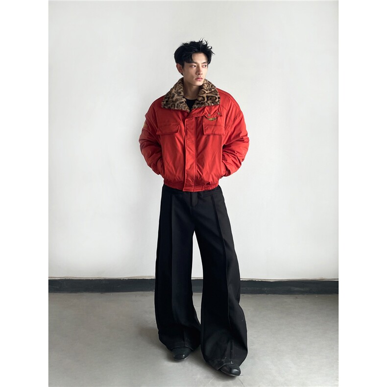2025年冬季新款美式复古立领豹纹毛领工装加厚保暖棉服外套男蓝色,男装棉衣,星座1210-1