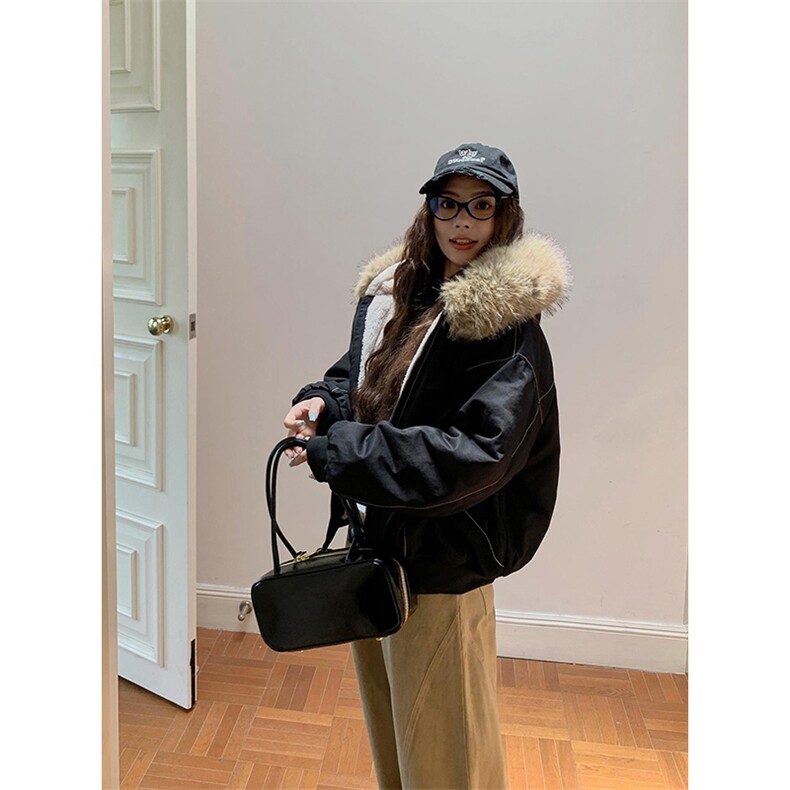 现货重磅boxy短款棉衣座山雕大毛毛领男女棉服水洗工装厚外套,男装棉衣,电商A486