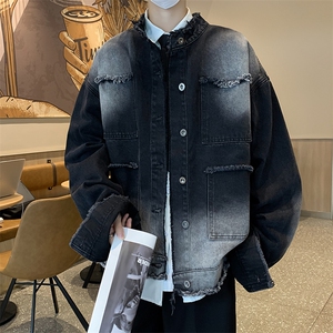 A740-P55 日系复古工装牛仔外套男2023秋季新款毛边夹克休闲上衣图片