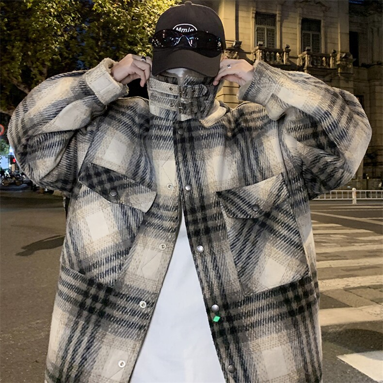 美式复古毛呢男女宽松格纹加毛翻领外套XZ225-3-MF03-P138控178图片