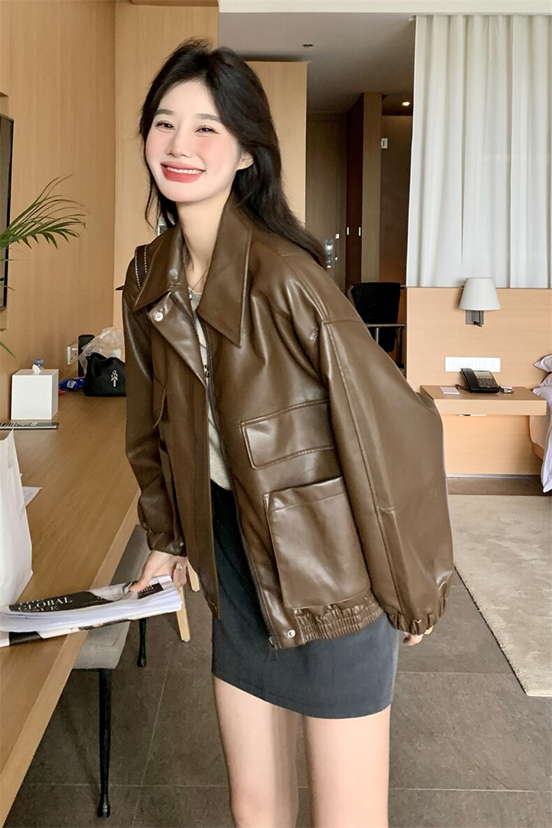 《48H发》翻领美拉德机车宽松皮衣短外套,女装皮衣,辰辰家