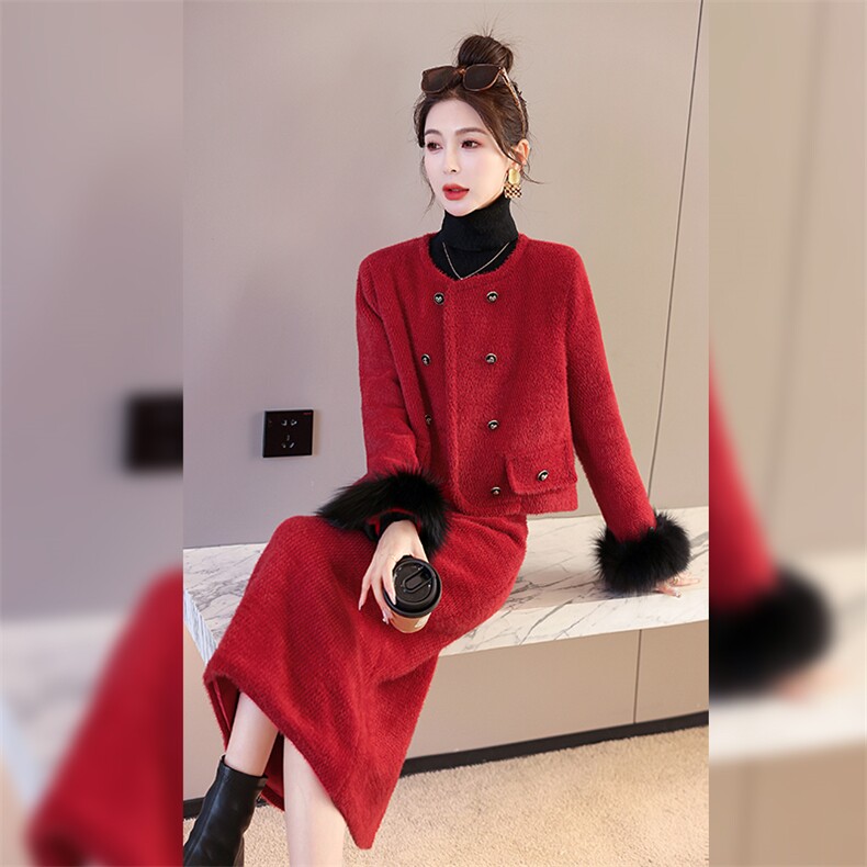 2023新款冬装小香风90白鸭绒羽绒气质套装袖毛真狐狸毛可脱卸,女装套装/套裙,时尚俏佳人