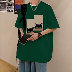 少年感短袖t恤男生夏季小猫印花纯棉重磅情侣潮牌宽松半袖上衣服，男装T恤，电商019-1
