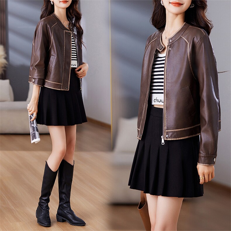 现货复古皮衣短款外套女2024秋季新款显瘦机车PU皮夹克上衣，女装皮衣，跑量工厂店