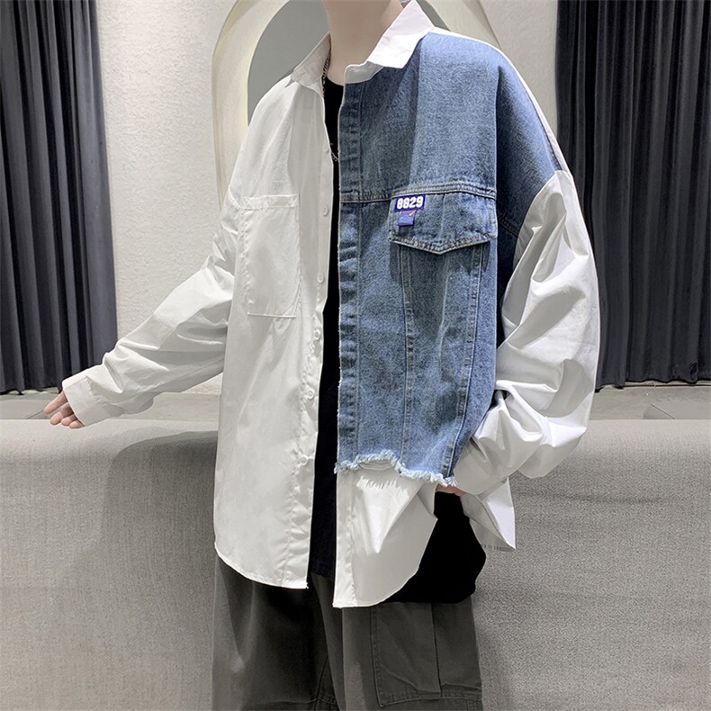 新款衬衫男宽松牛仔拼接纯-棉休闲衬衫百搭上衣CS06,男装衬衫,电商A132（原电商B245）