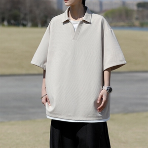 8XL-M假两件V领短袖t恤男夏翻领半袖宽松重磅华夫格大码DT001P40图片