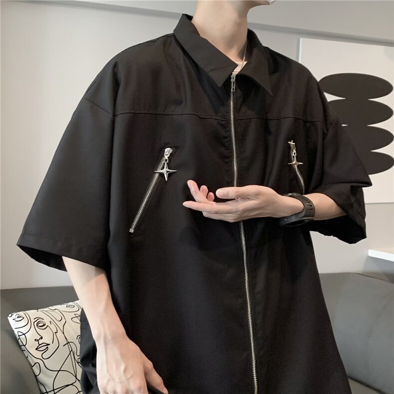 痞帅小众设计感高街拉链黑色短袖衬衫男潮牌美式夏季宽松衬衣外套,男装衬衫,星座601-2