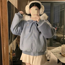 韩系蓝色毛领蝴蝶结连帽卫衣女秋冬加绒加厚保暖宽松纽扣开衫外套，男装棉衣，星座506A