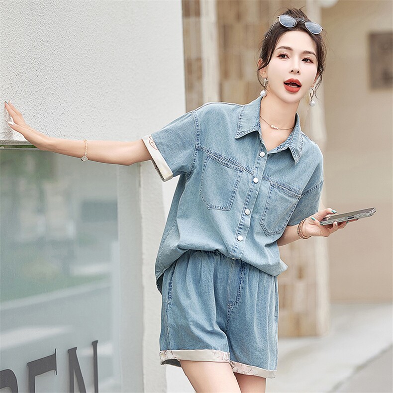 短袖牛仔衬衫套装女2026夏季新款小个子港风复古阔腿短裤两件套潮,女装套装/套裙,微微衣阁