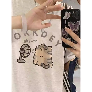 T0666-P25 春夏小众美式短袖 小猫印花纯棉T恤学院风学生宽松上衣图片