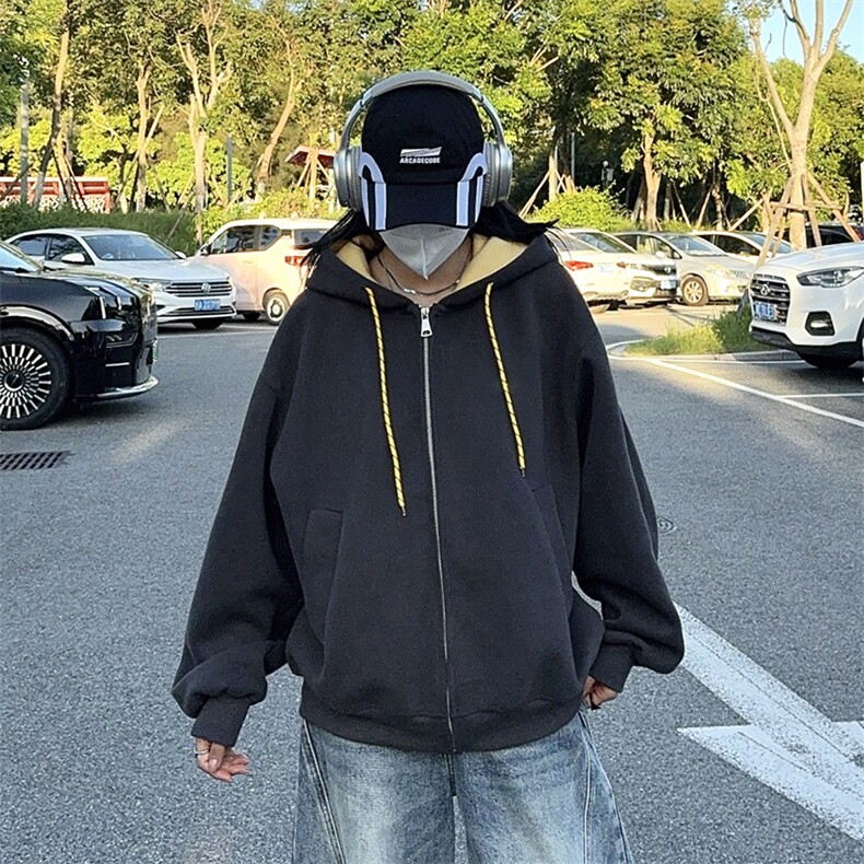 抖音得物二开美式高街重磅结构双层撞色连帽卫衣开衫外套W116,男装卫衣,电商A486