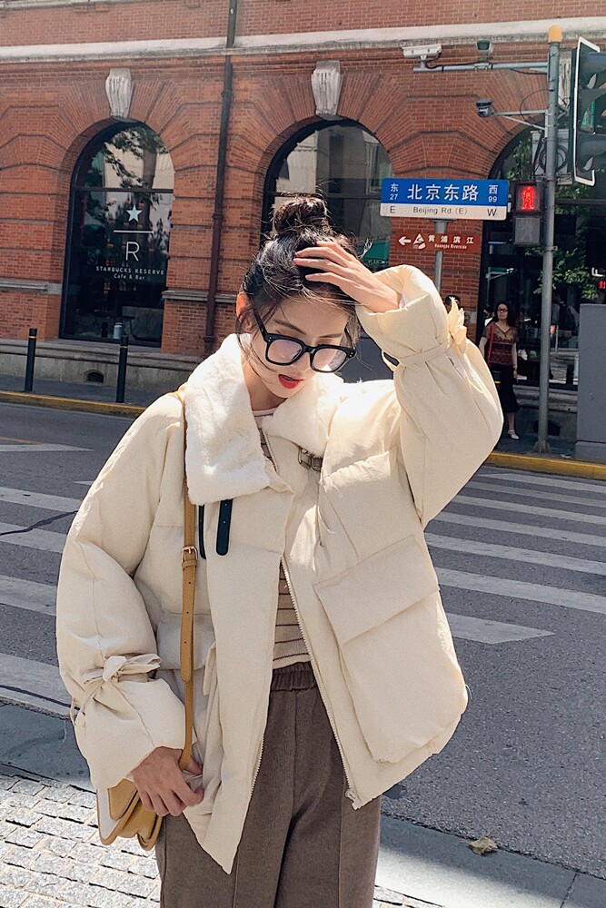 毛毛拼接短款面包服棉衣棉袄外套蝴蝶结加厚通勤短款长袖娃娃领,女装棉衣/棉服,浙宝088