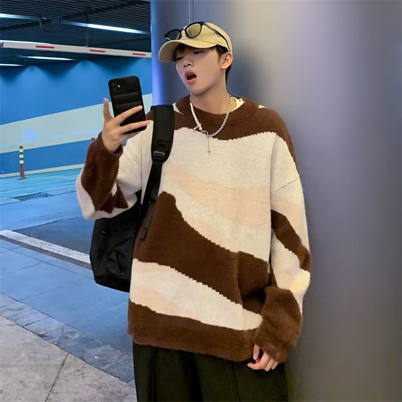 日系复古拼色毛衣男秋季宽松软糯线衣外套百搭情侣针织衫1350-P50，男装针织衫/毛衣，星座910-5