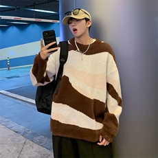 日系复古拼色毛衣男秋季宽松软糯线衣外套百搭情侣针织衫1350-P50，男装针织衫/毛衣，星座910-5