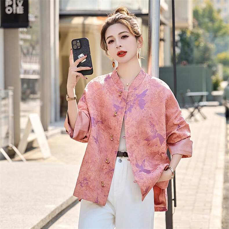 新中式印花国风短外套女2025春秋新款宽松气质百搭年轻款唐装上衣,女装短外套,美沁