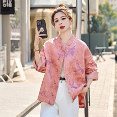 新中式印花国风短外套女2025春秋新款宽松气质百搭年轻款唐装上衣，女装短外套，美沁