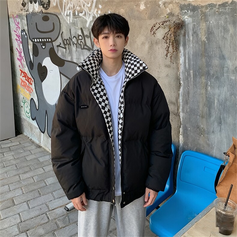 B26/P118控158棋盘格男士棉服冬季痞帅立领潮牌加厚外套棉衣黑首,男装棉衣,星座305B
