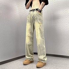 青春流行夏季纽扣长裤宽松直筒慵懒潮直脚潮流新款水洗男牛仔裤，男装牛仔裤，星座716-2