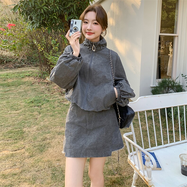 美式休闲运动工装立领外套装女2025春秋季新款时尚显瘦短裙两件套,女装套装/套裙,2C212