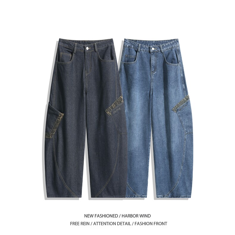 抖音品质春季新款美式弯刀豹纹拼接宽松牛仔裤B315-K889-p65控88,男装牛仔裤,电商B315