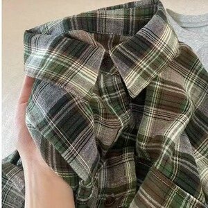 春季新款韩系慵懒风绿色格子衬衣女百搭休闲衬衫宽松显瘦长袖上衣图片