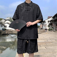 量大优供视频新风龙凤提花冰丝短袖短裤套装男TZ2406-特P60，男装休闲套装，电商A028